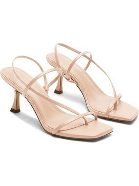 Women's Khaki Strappy Kitten Heels Sandals Square Open Toe Flip Flops Shoes